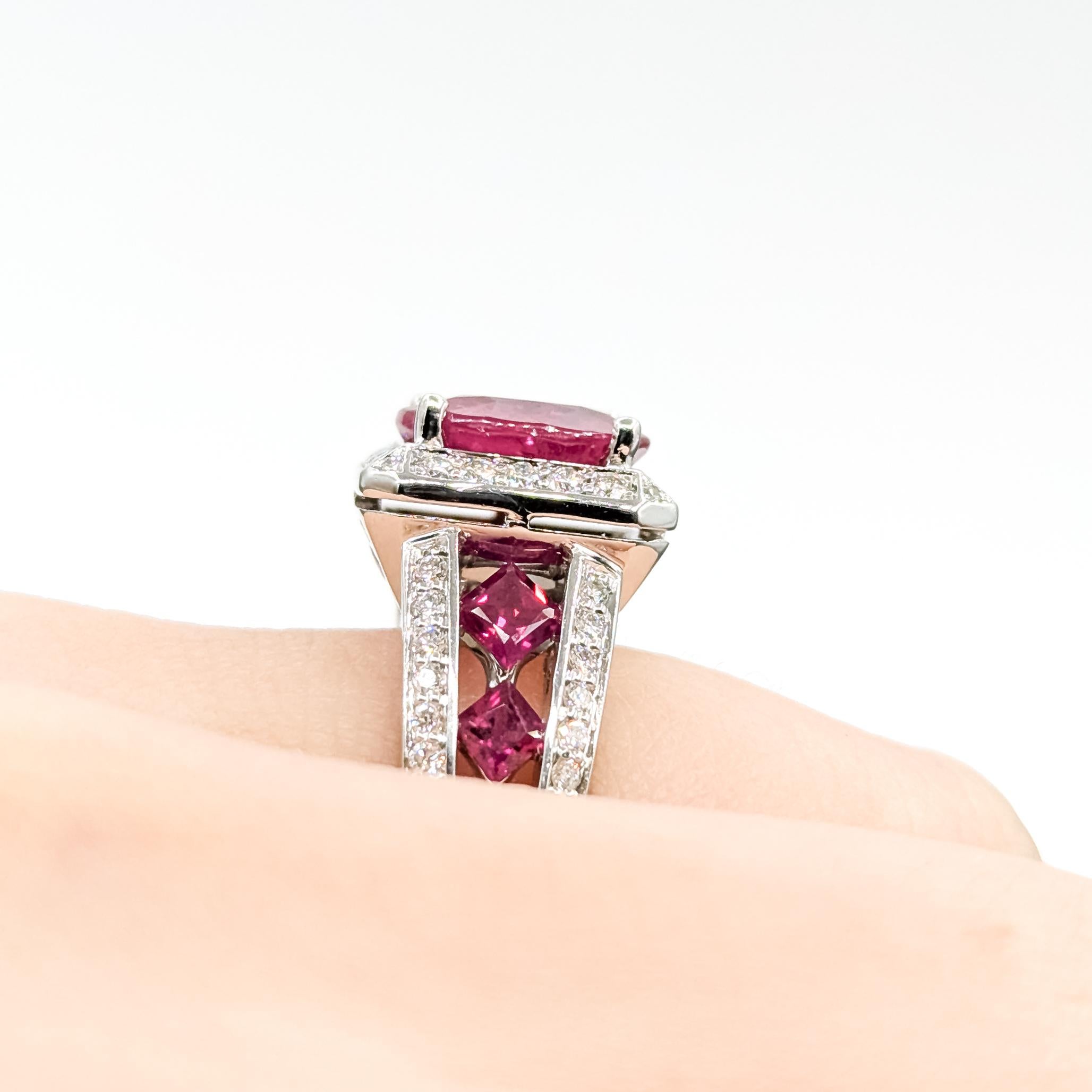 Cushion Cut Kite-Set Ruby & Diamond Ring in 18k For Sale