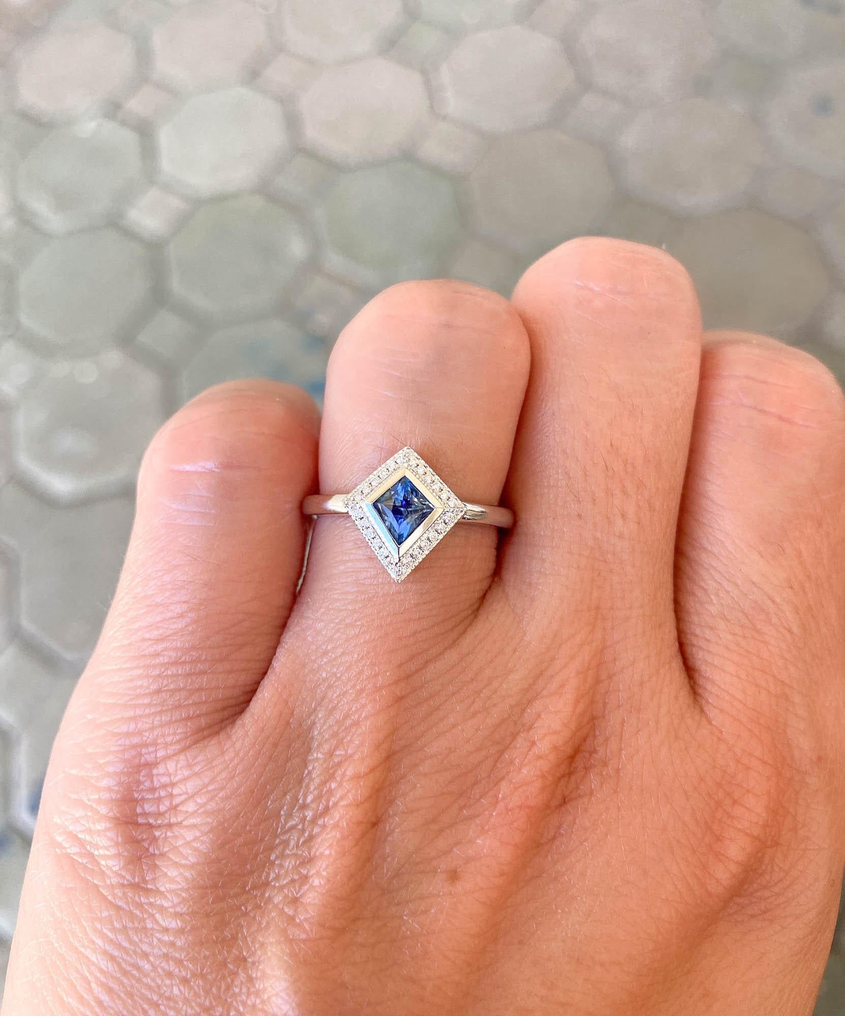 Kite Shape Montana Sapphire with Diamond Halo 14K White Gold Engagement Ring For Sale 1