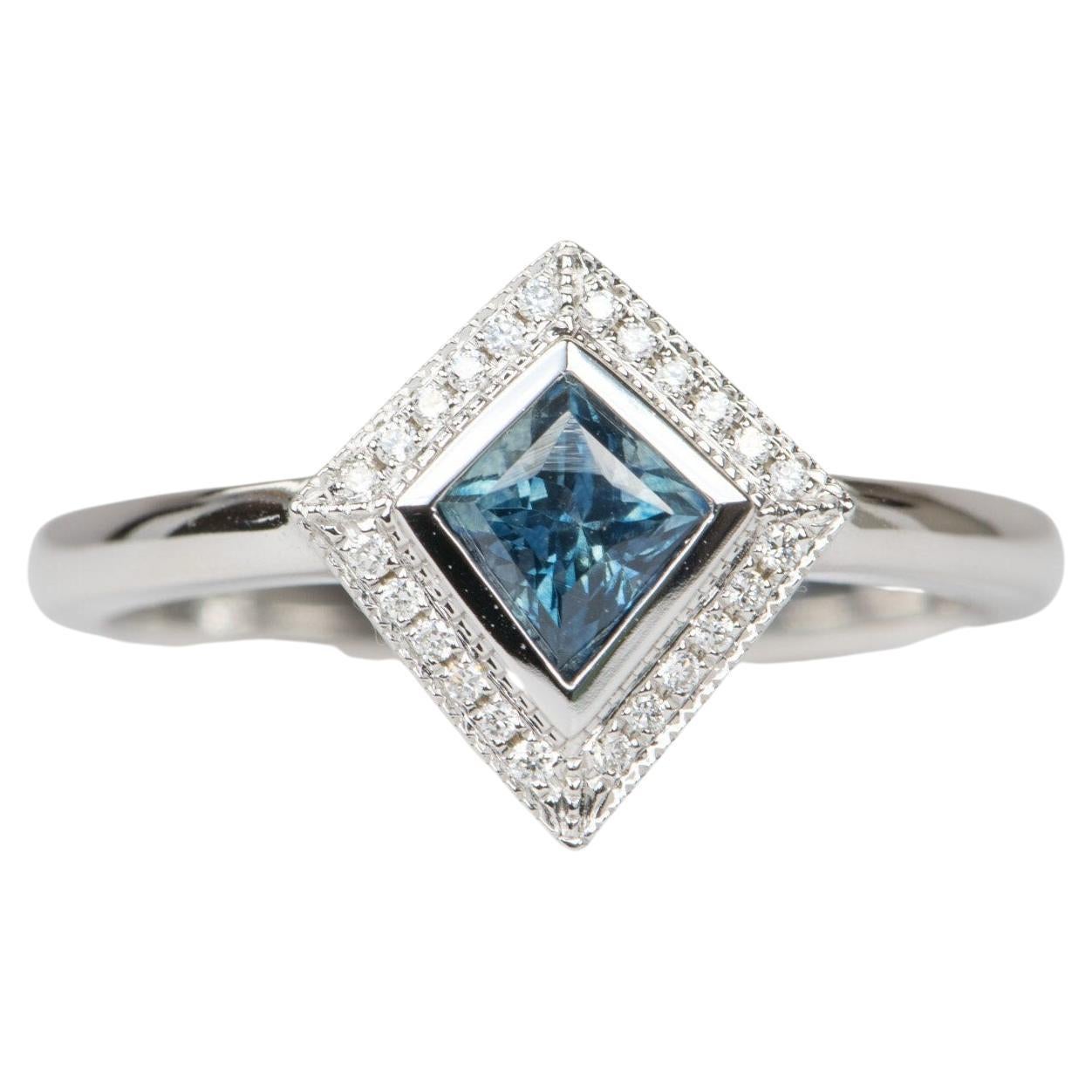 Kite Shape Montana Sapphire with Diamond Halo 14K White Gold Engagement Ring For Sale