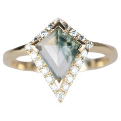 Kite Shape Moss Agate with Moissanite Halo 14K Yellow Gold Engagement Ring R6312