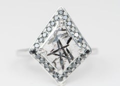 Kite Shape Tourmalated Quartz Black Diamond Halo 14K White Gold Engagement Ring