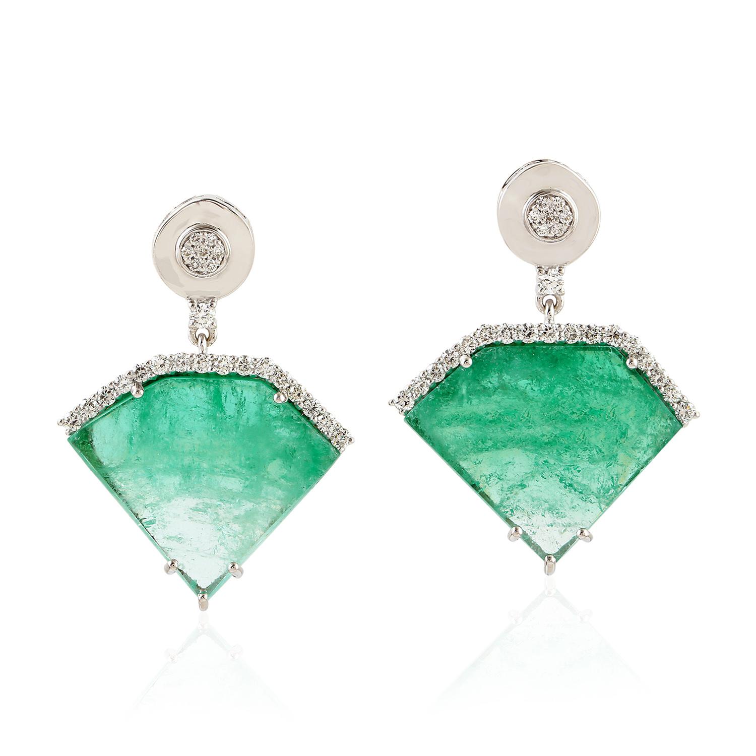Artisan Kite Shaped Emerald Dangle Earrings With Diamonds Made In 18k White Gold For Sale