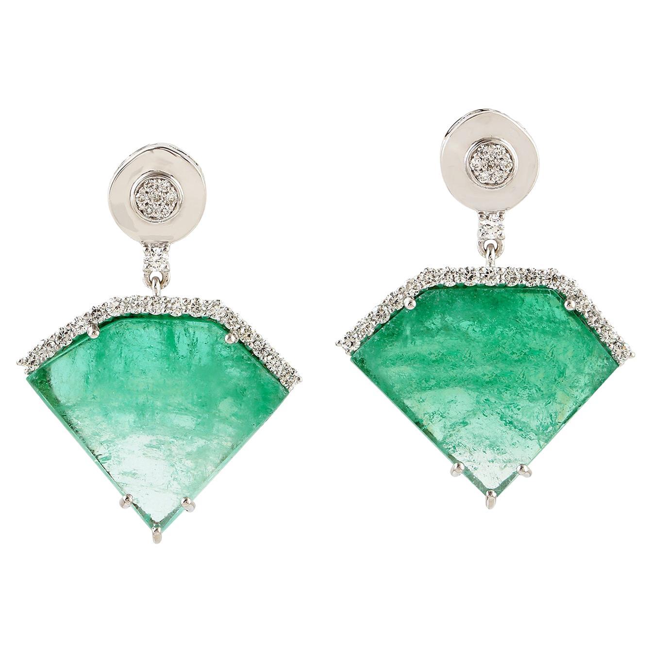 Kite Shaped Emerald Dangle Earrings With Diamonds Made In 18k White Gold For Sale