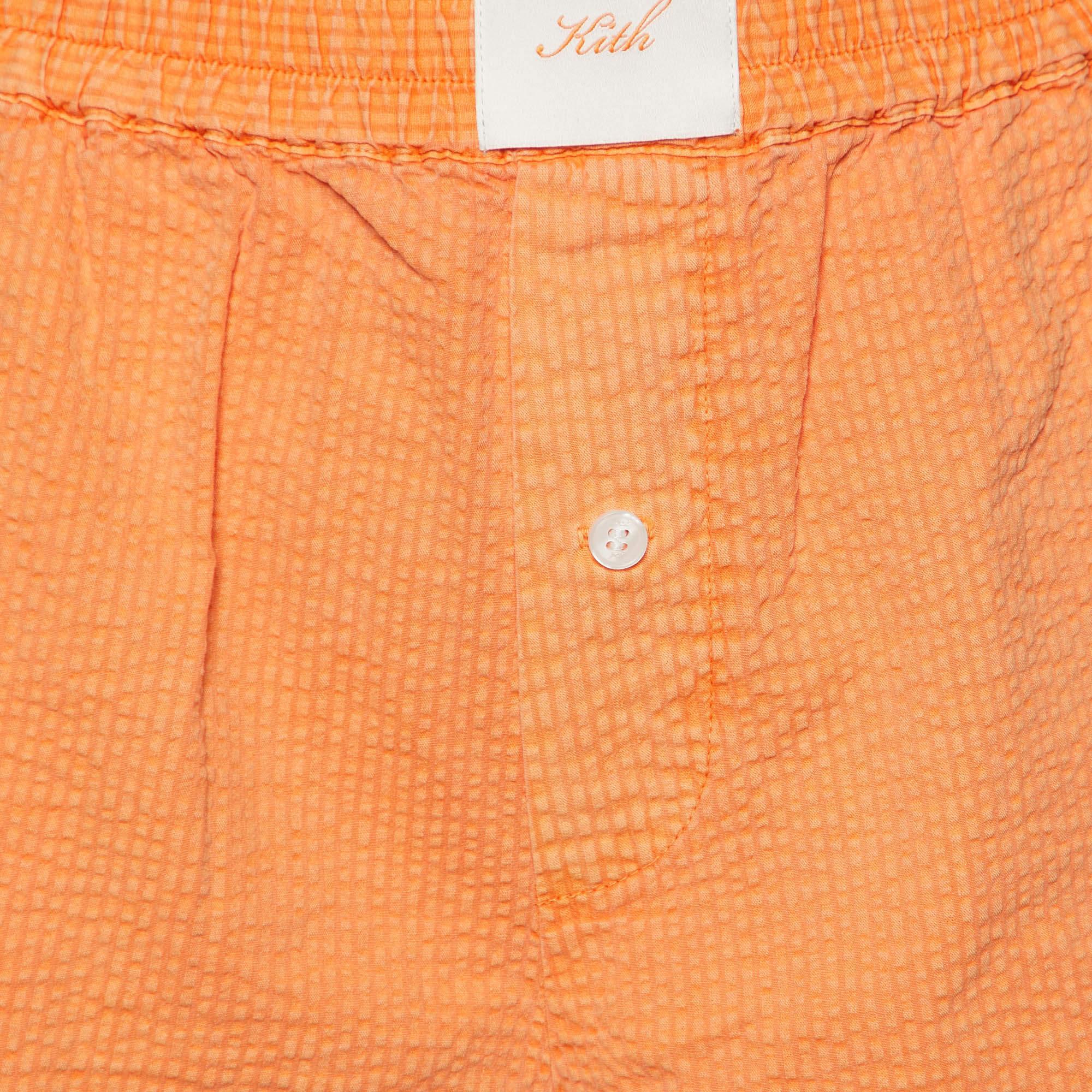Arancia Pantaloncini Kith in cotone seersucker arancione con vita elasticizzata S in vendita