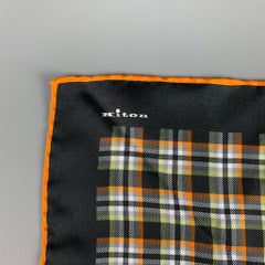 KITON Black Orange Green Plaid Silk Pocket Square
