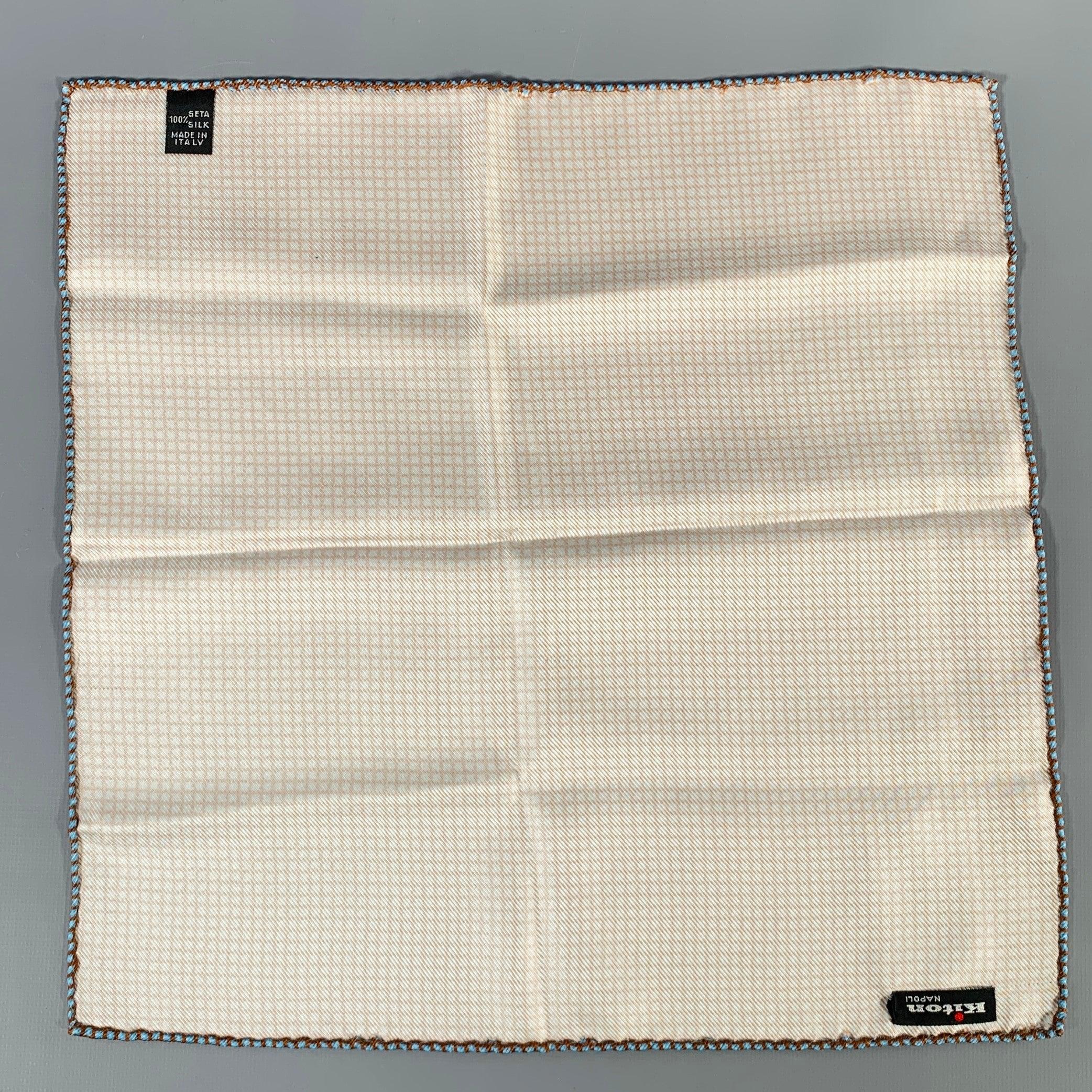 Marron KITON Brown Blue Squares Silk Pocket Square en vente