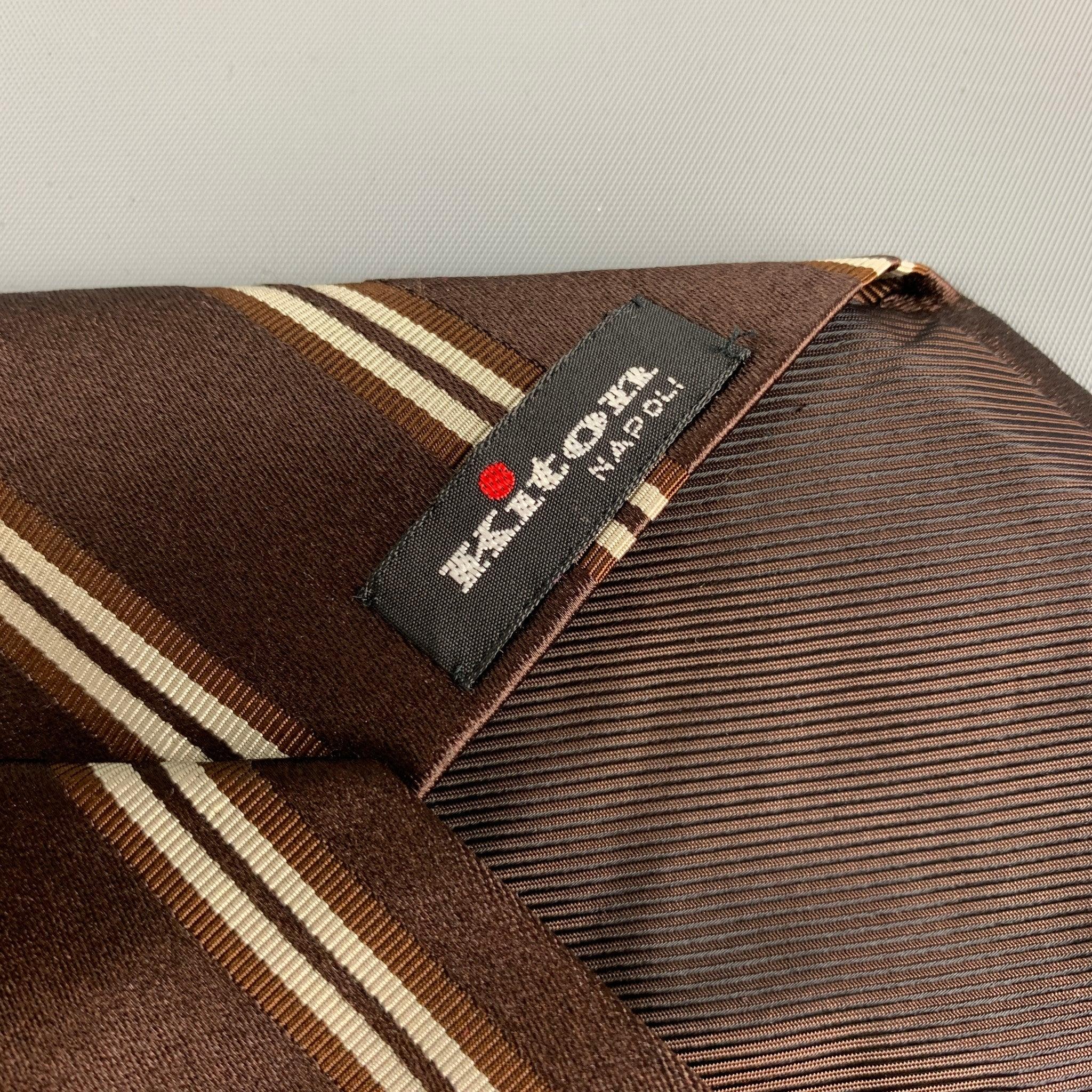 KITON Brown White Diagonal Stripe Silk Tie In Good Condition For Sale In San Francisco, CA