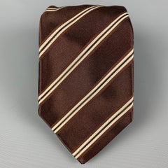 KITON Brown White Diagonal Stripe Silk Tie