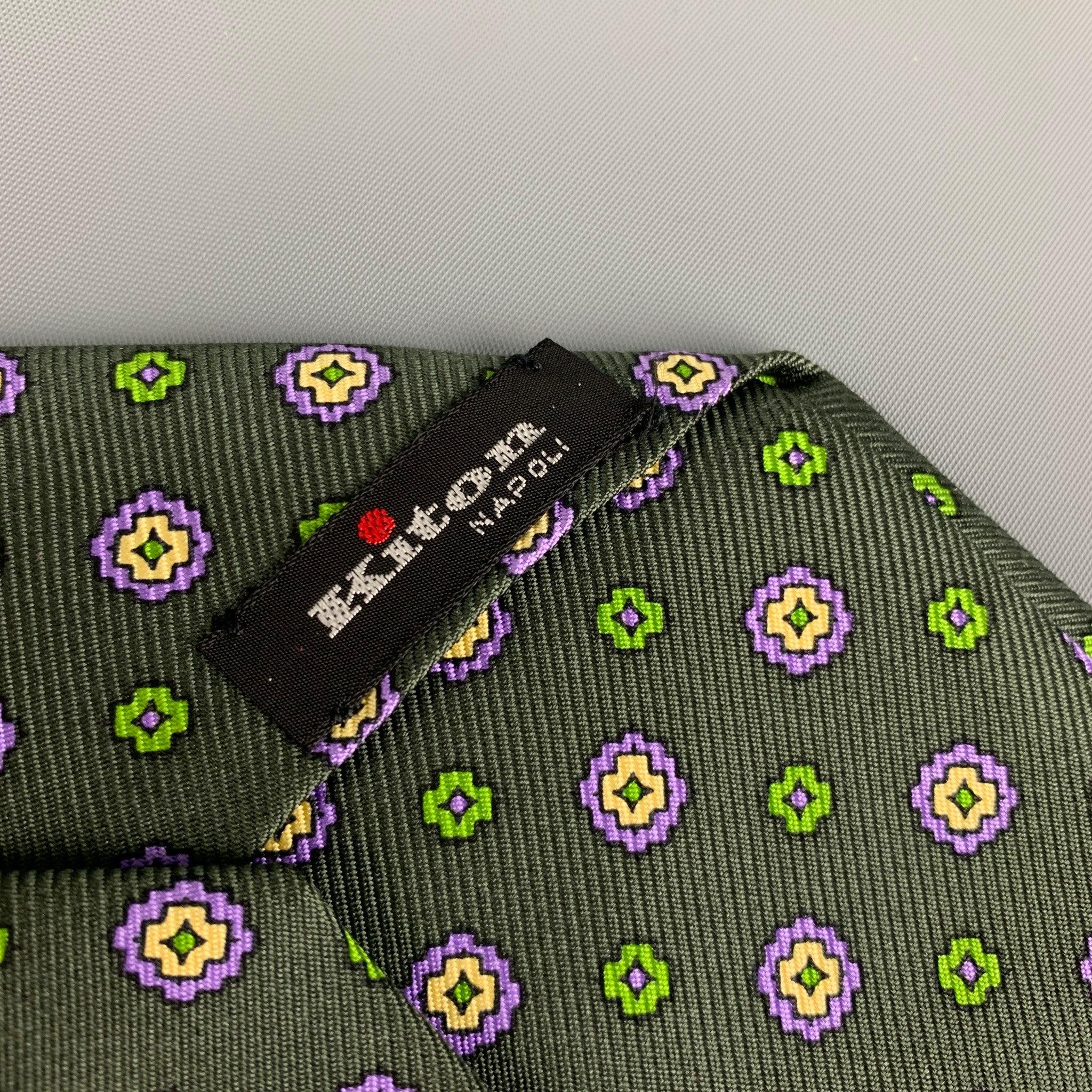Men's KITON Dark Green Purple Abstract Floral Silk Tie For Sale