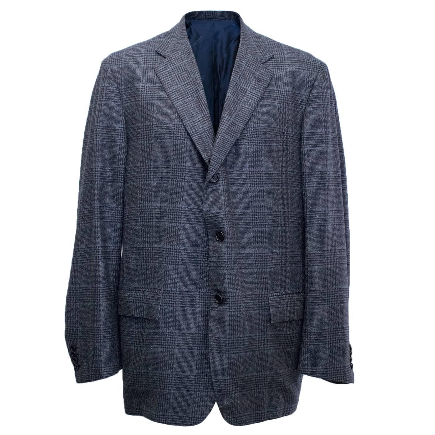 Kiton for Jean Jacques Men's Blue and Black Checked Jacket Size EU 58 For Sale