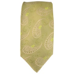 KITON Light Green Beige Paisley Print Silk Tie