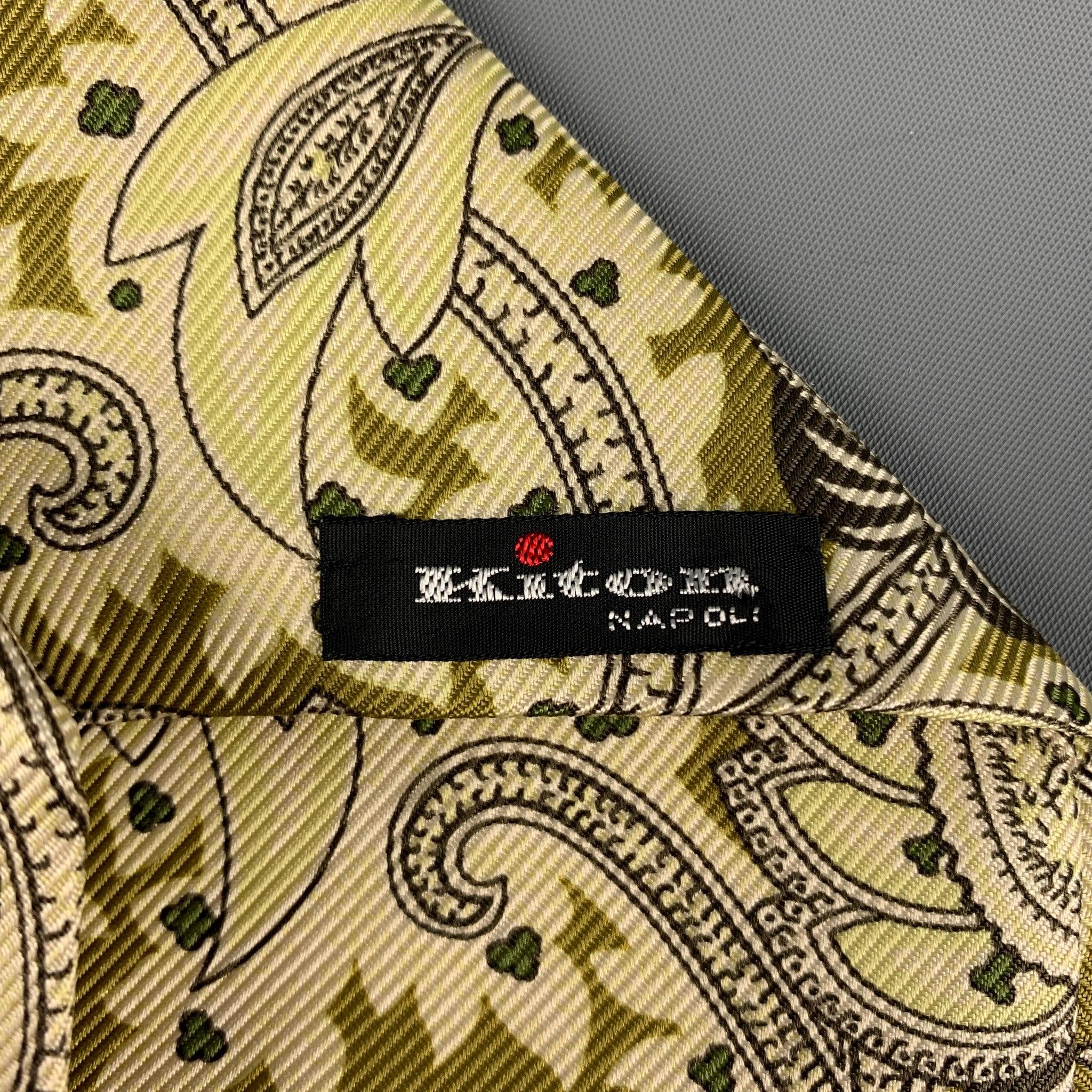 KITON Light Green Olive Paisley Silk Tie In Good Condition In San Francisco, CA