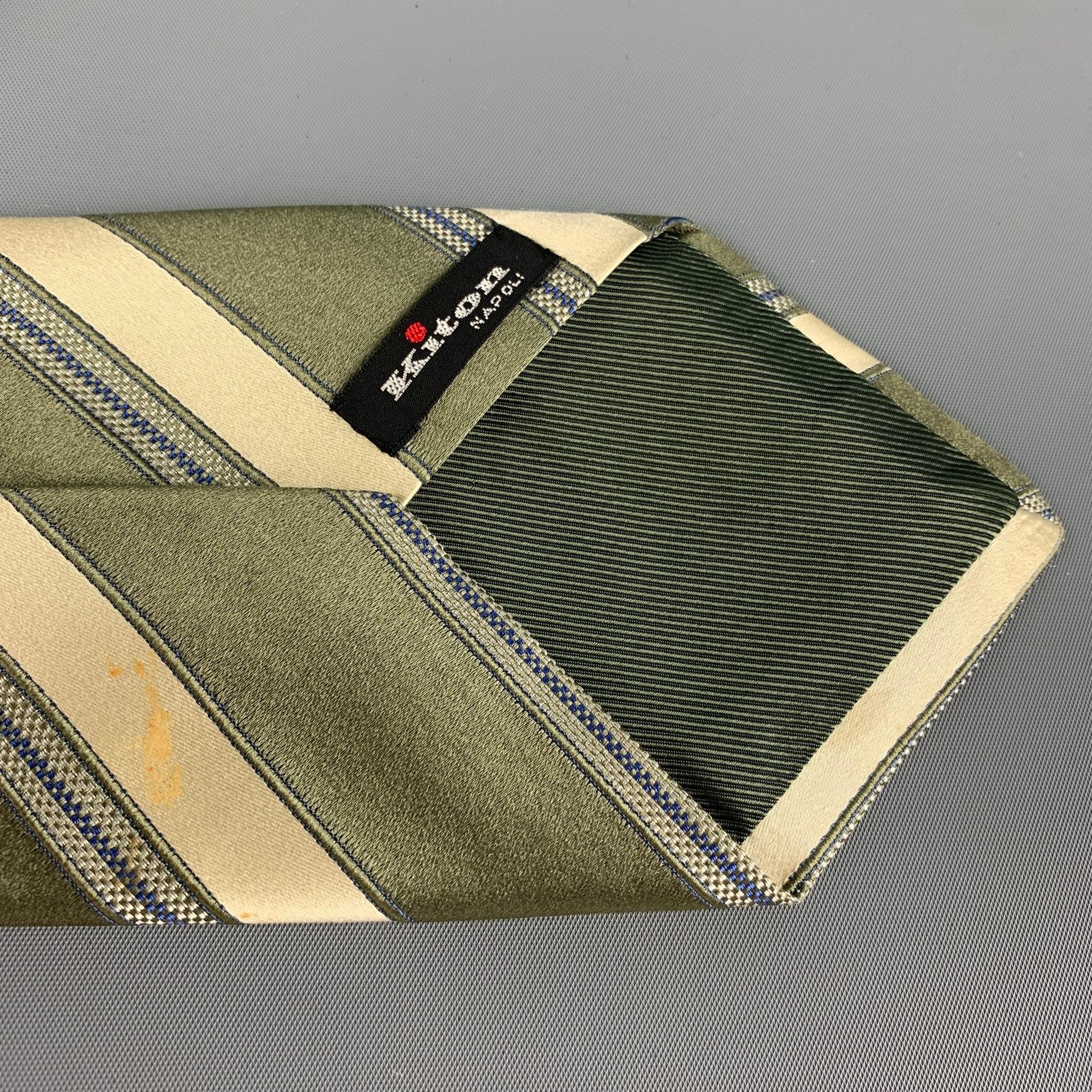 KITON Moss Yellow Diagonal Stripe Silk Tie In Good Condition For Sale In San Francisco, CA