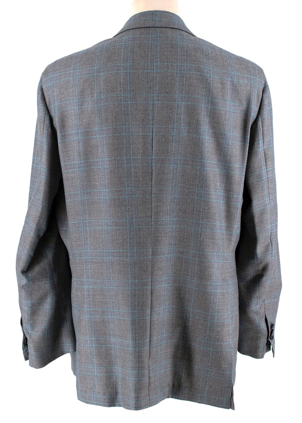 Gray Kiton Napoli Grey & Blue Checked Cashmere & Silk Jacket - Size XXL - 54 For Sale