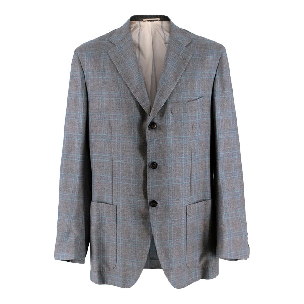 Kiton Napoli Grey & Blue Checked Cashmere & Silk Jacket - Size XXL - 54 For Sale