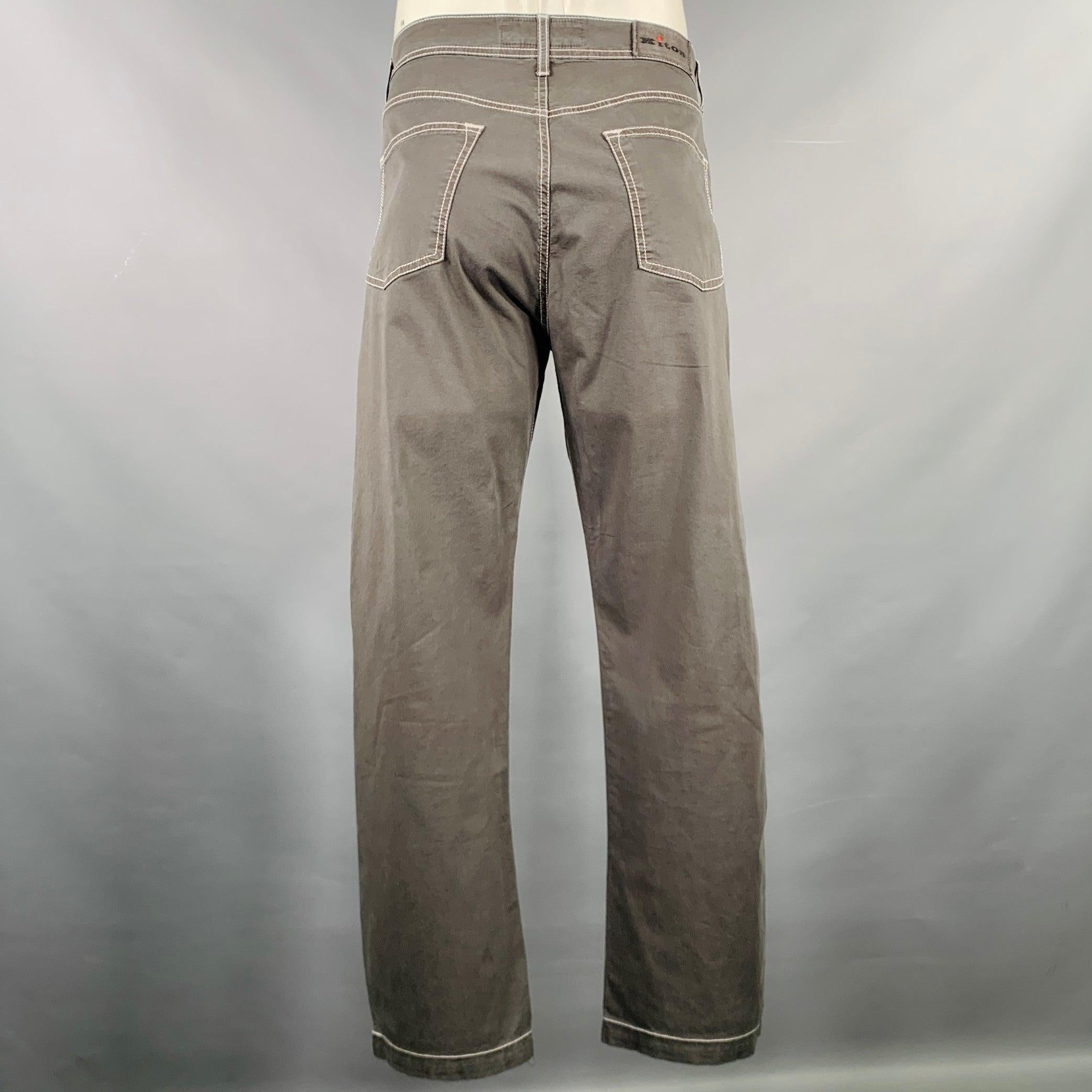 Gray KITON Size 36 Green Contrast Stitch Cotton Blend Jean Cut Casual Pants For Sale