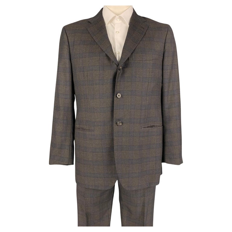 KITON Size 44 Brown Blue Plaid Cashmere Notch Lapel Suit For Sale at ...
