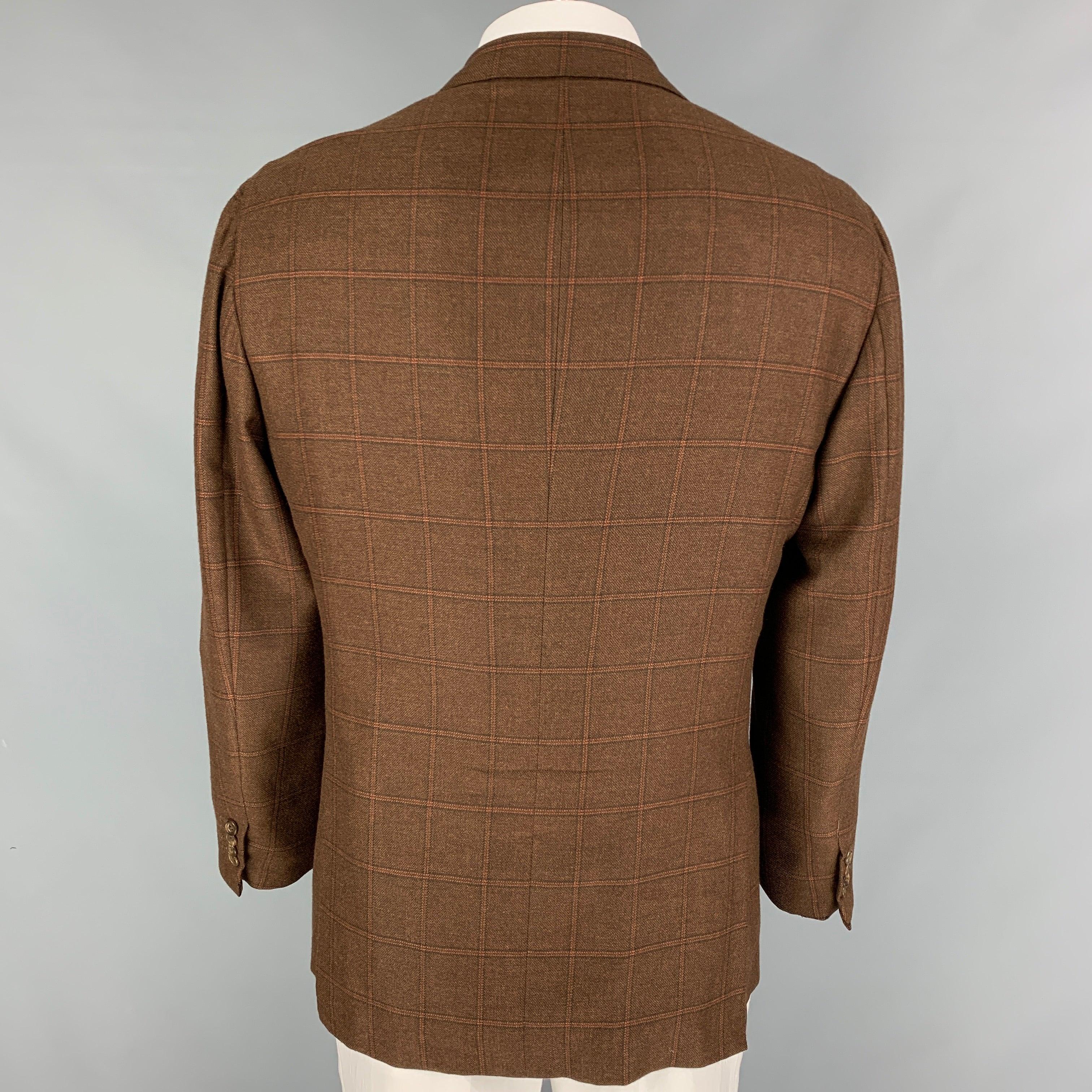 Men's KITON Size 44 Brown Orange Window Pane Cashmere Notch Lapel Sport Coat