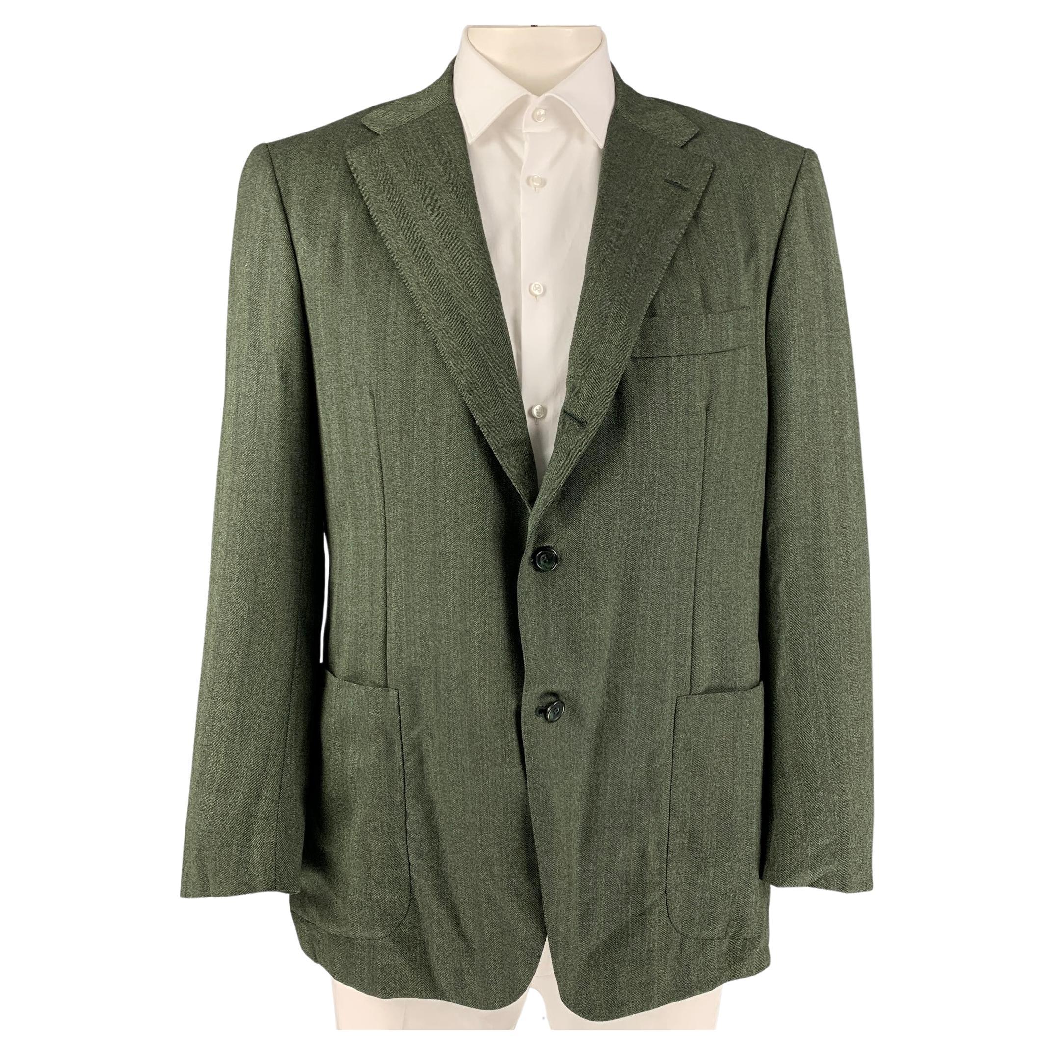 KITON Size 44 Green Herringbone Wool Notch Lapel Sport Coat