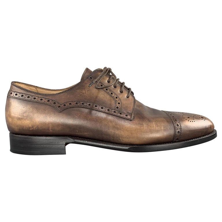 KITON Size 9 Brown Antique Effect Leather Cap Toe Lace Up Brogues For ...