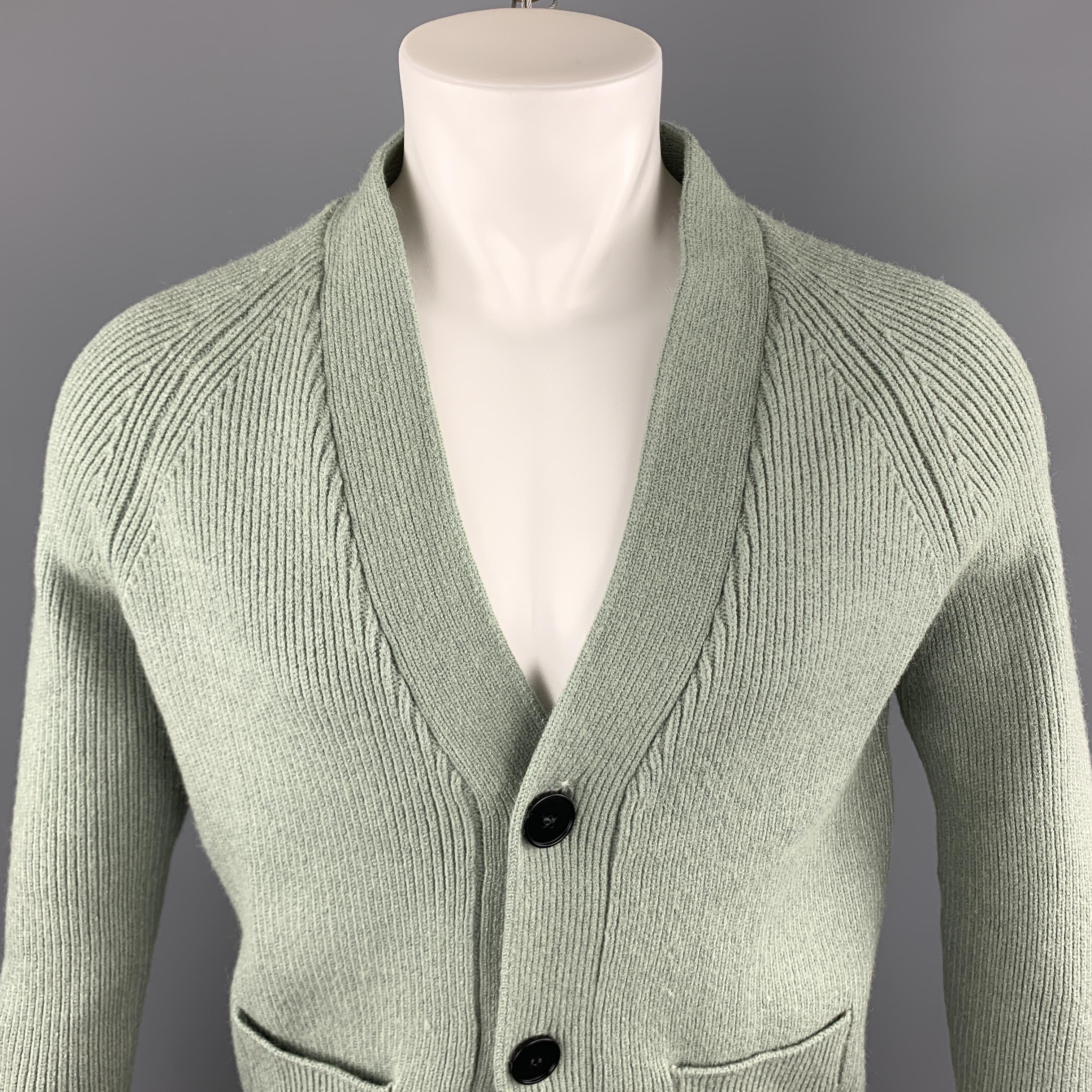 KITON cardigan sweater comes in a solid green knitted cashmere / silk material, with a V-neck, raglan sleeves, two buttons at closure, and ribbed cuffs and hem. Made in Italy. 

New With Tags.
Marked: IT 52 / US L

Measurements:

Shoulder: 17 in.