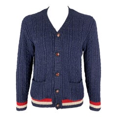 KITON Size L Navy Red & White Contrast Stitch Cotton V-Neck Cardigan