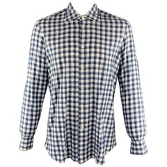 KITON Size L Navy 
White Checkered Cotton Button Up Long Sleeve Shirt