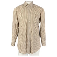KITON Size L White, Brown & Green Stripe Cotton Button Down Long Sleeve Shirt