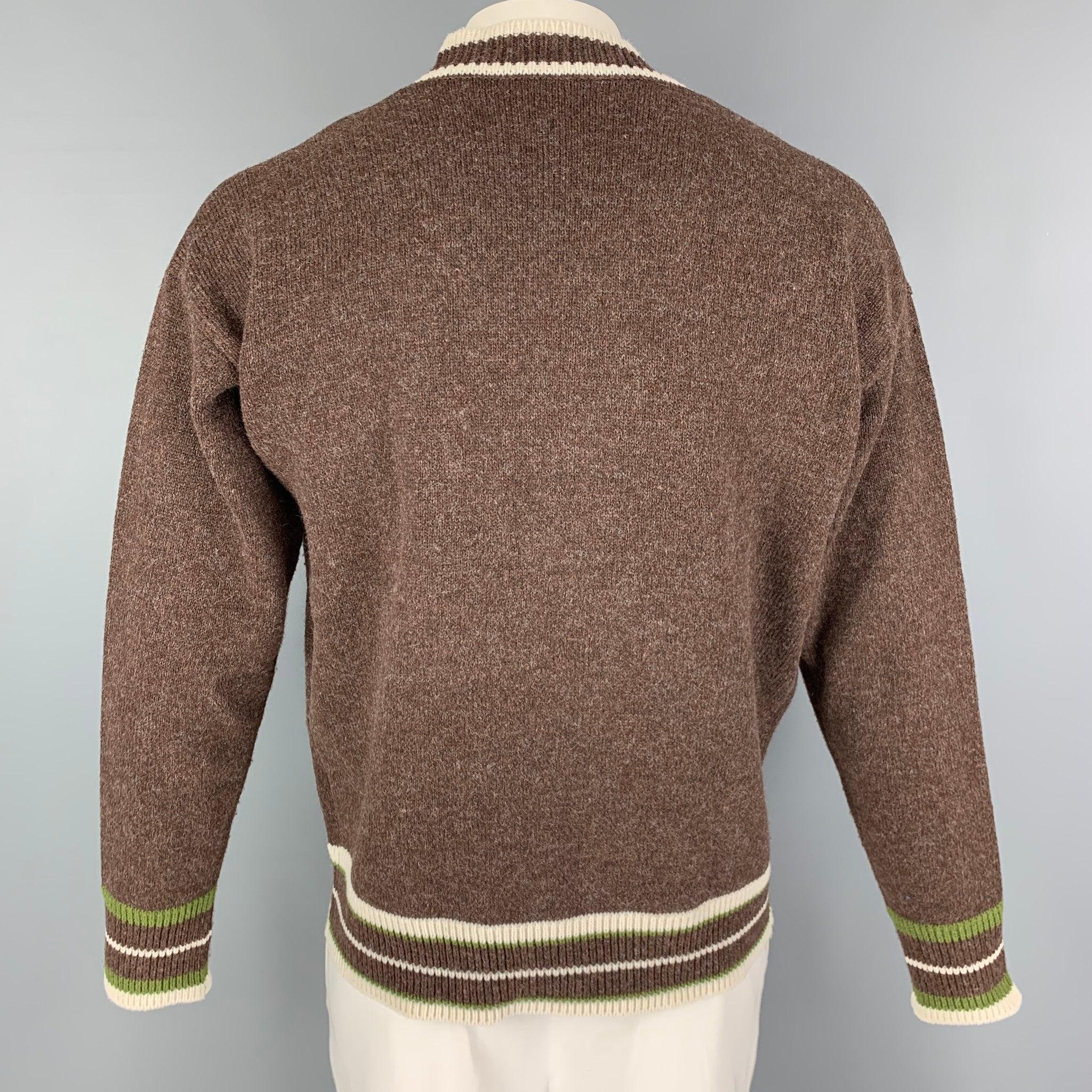 KITON Size M Brown Cream Contrast Trim Cotton V-Neck Cardigan In Excellent Condition For Sale In San Francisco, CA