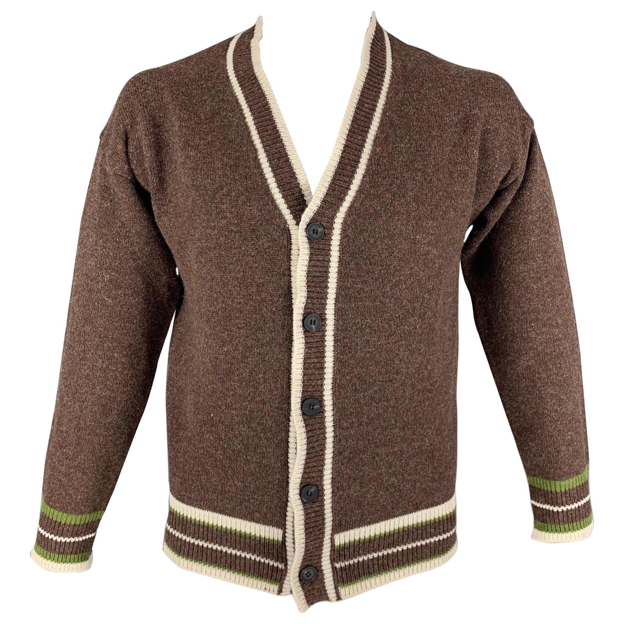 KITON Cardigan in cotone con scollo a V, taglia M, marrone e crema, con bordi a contrasto