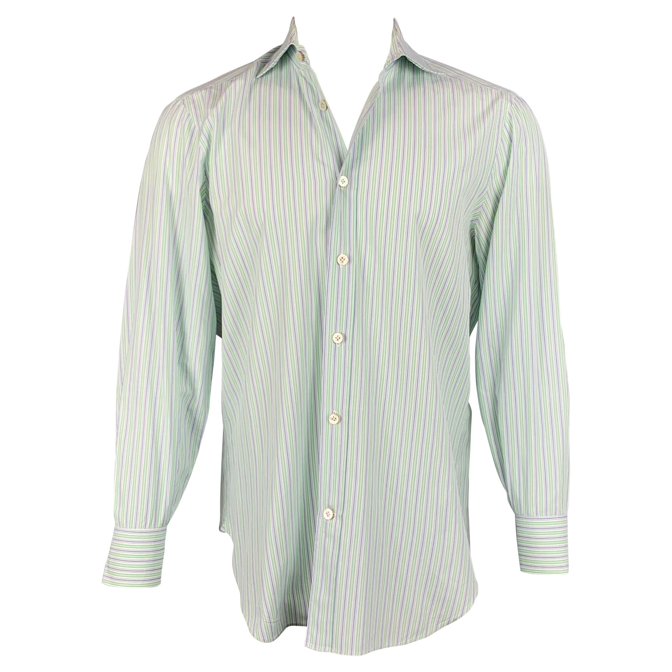 KITON Size M Green & Purple Stripe Cotton Button Up Long Sleeve Shirt