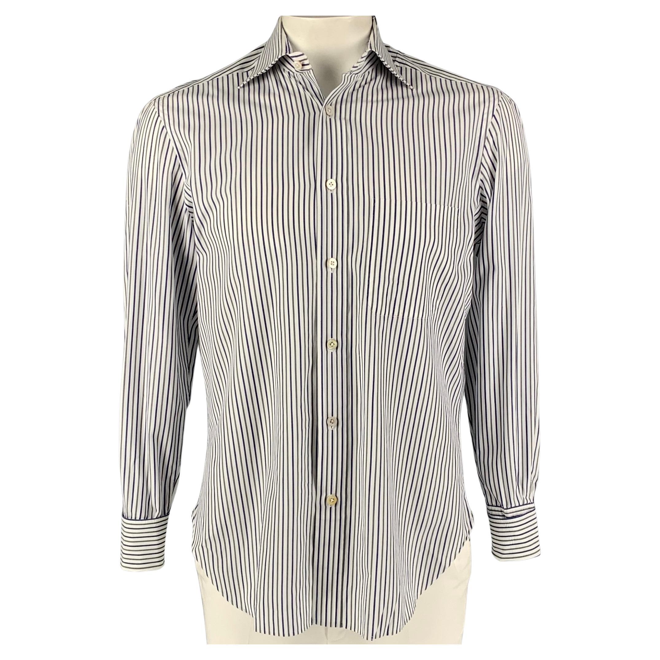 KITON Size M White Grey Blue Stripe Cotton Long Sleeve Shirt