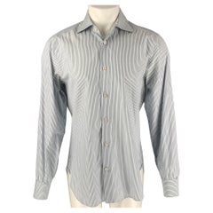 KITON Größe M Weißes & marineblaues langärmeliges Hemd aus Baumwolle mit Knopfleiste