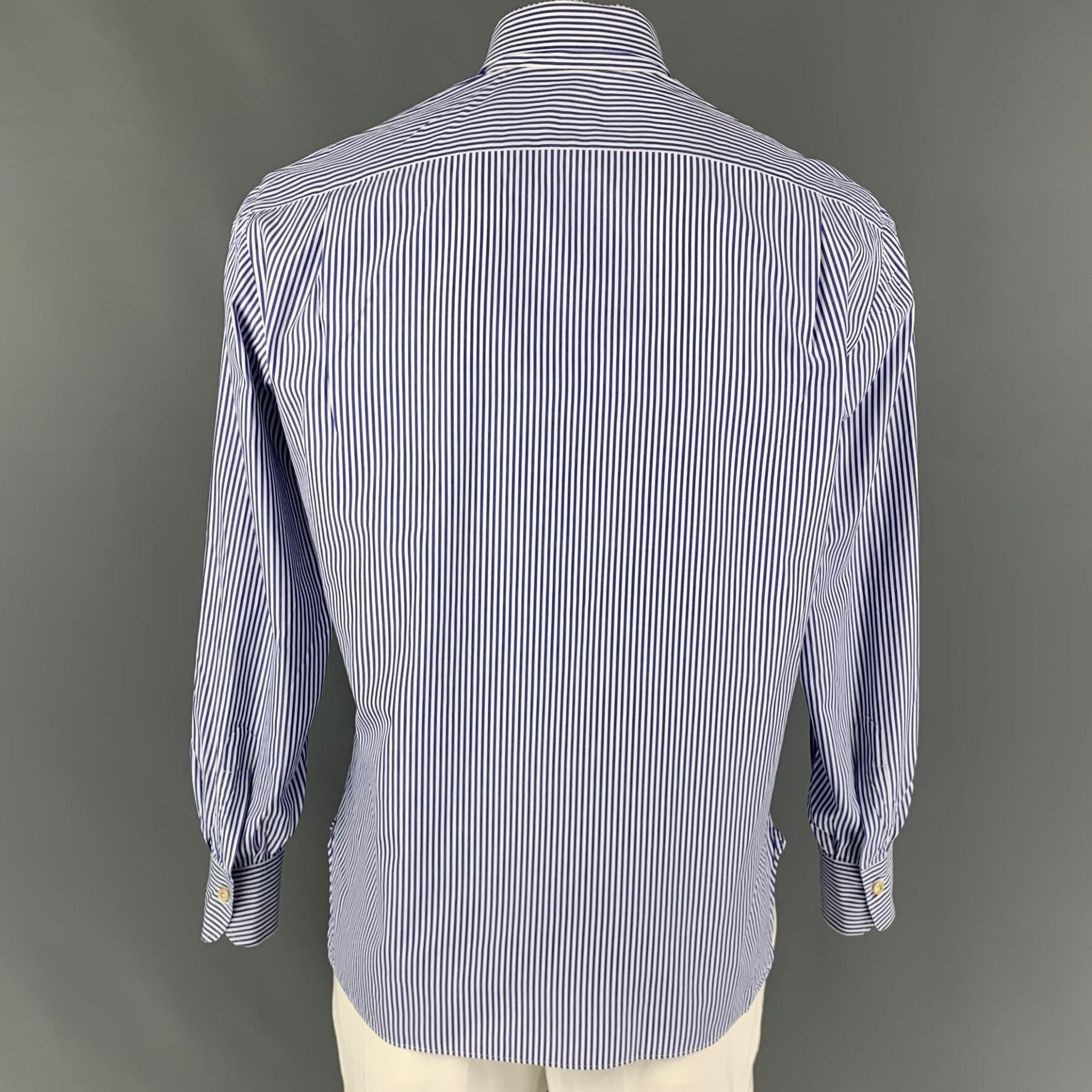 KITON Size M White Navy Stripe Cotton Long Sleeve Shirt In Good Condition In San Francisco, CA
