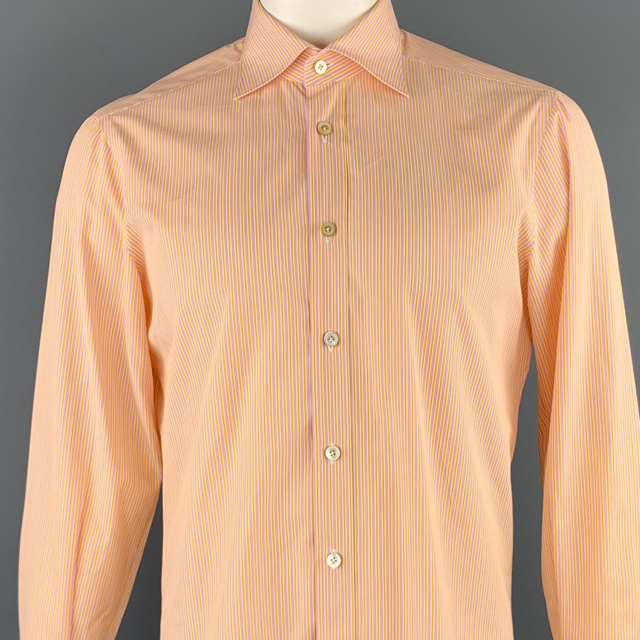 KITON long sleeve shirt comes in a yellow & purple stripe cotton featuring a button up style and a spread collar. Made in Italy.

Excellent Pre-Owned Condition.
Marked: 40/15.5

Measurements:

Shoulder: 18 in. 
Chest: 42 in. 
Sleeve: 25 in. 
Length:
