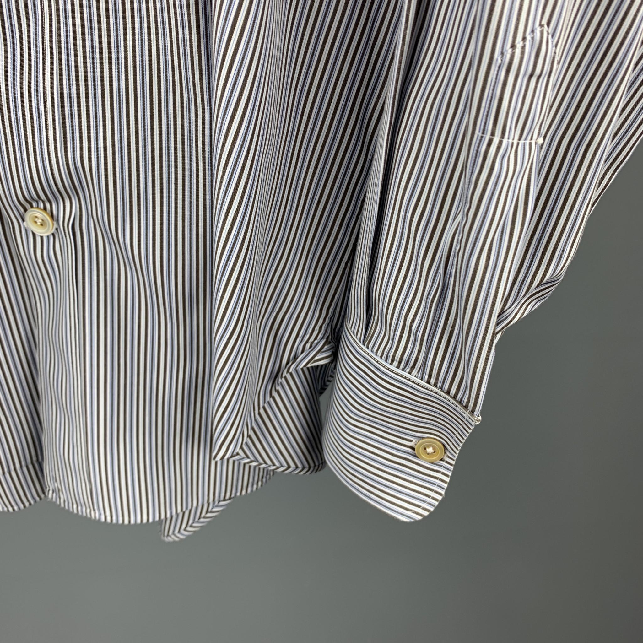 KITON long sleeve shirt comes in a brown & blue stripe cotton featuring a button up style and a spread collar. Made in Italy.

Excellent Pre-Owned Condition.
Marked: 15.5/39 

Measurements:

Shoulder: 16.5 in. 
Chest: 42 in. 
Sleeve: 25.5 in.