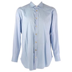KITON - Chemise à manches longues en coton massif bleu clair avec col évasé, taille XL