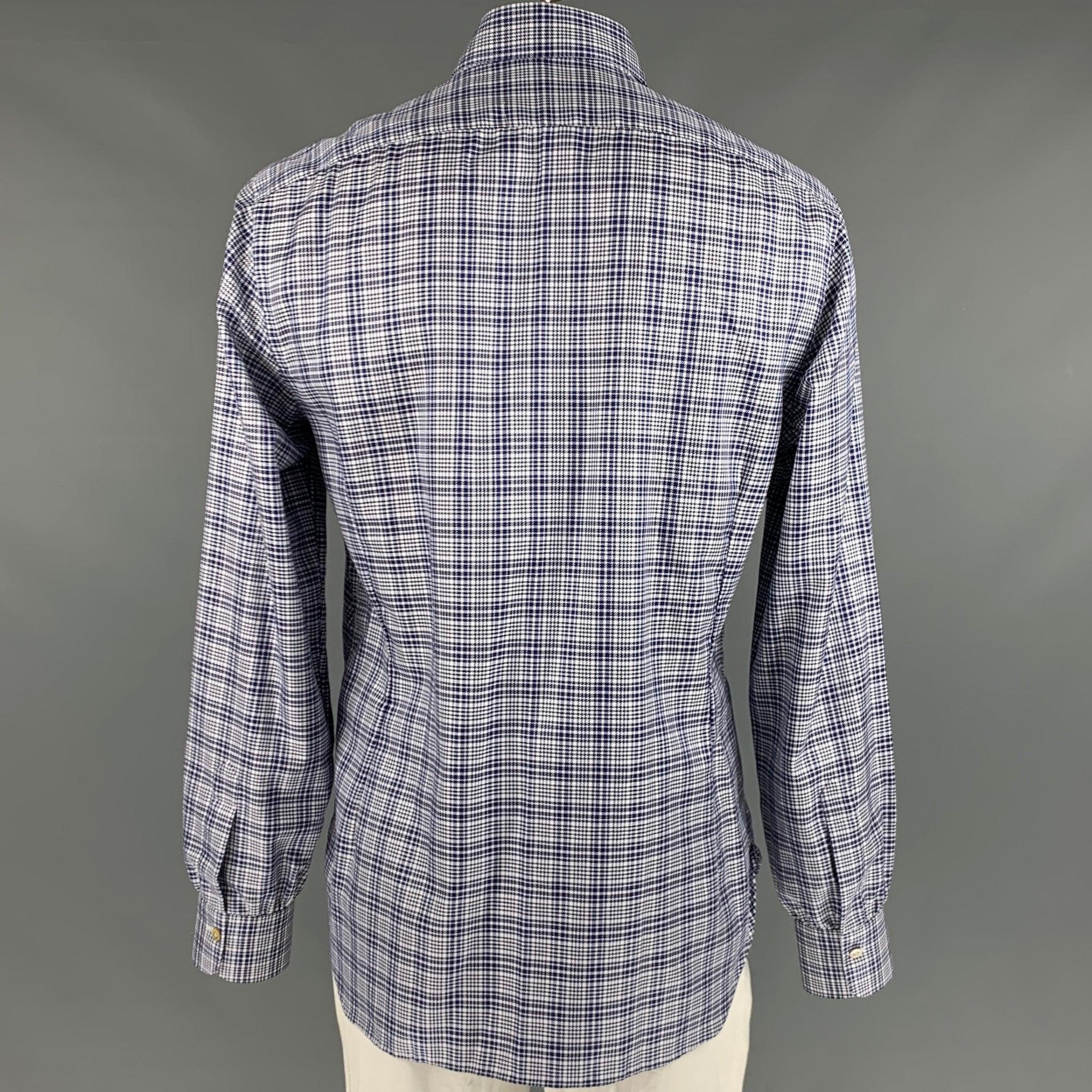 KITON, chemise à manches longues en coton Glenplaid blanc marine, taille XL Pour hommes en vente