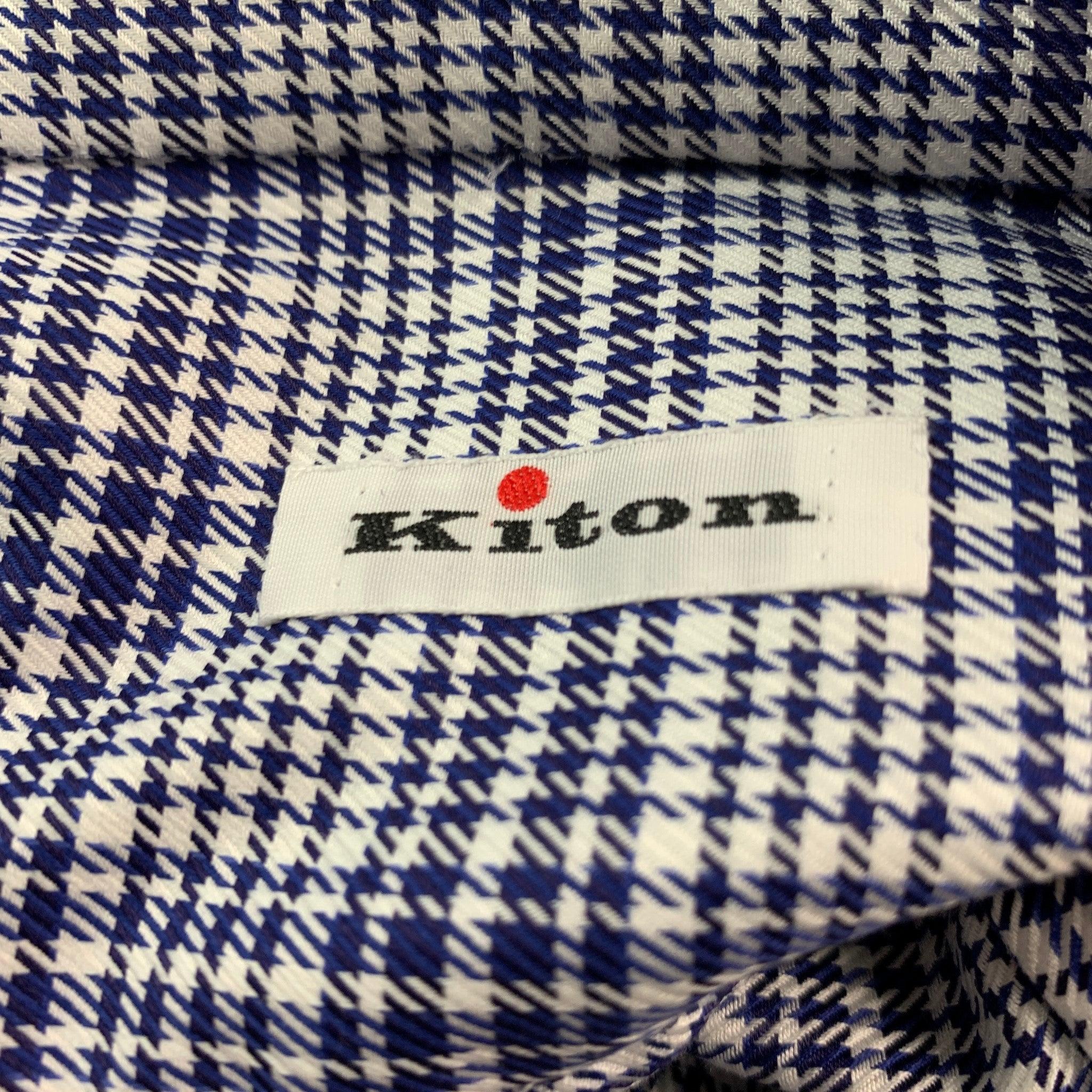 KITON, chemise à manches longues en coton Glenplaid blanc marine, taille XL en vente 1