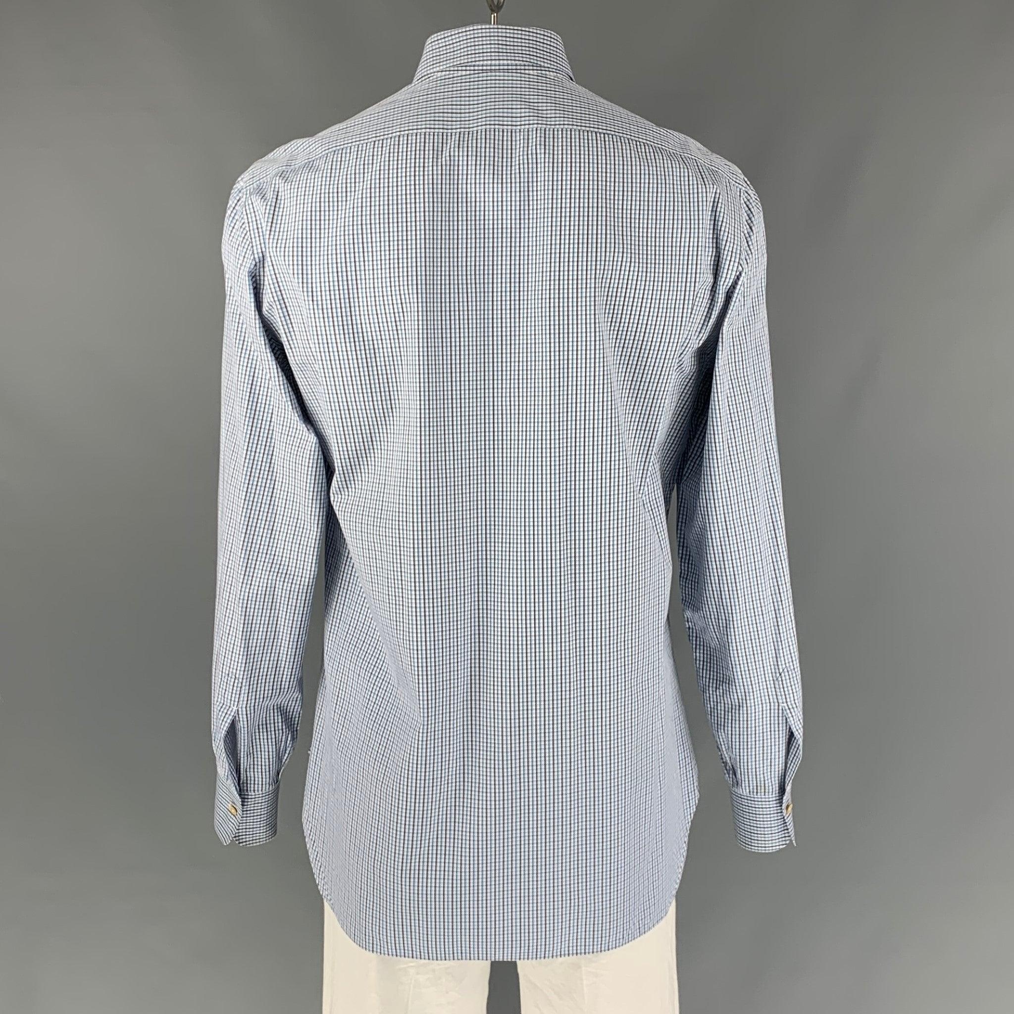 KITON Size XL White, Blue & Grey Checkered Cotton Button Down Long Sleeve Shirt In Excellent Condition For Sale In San Francisco, CA