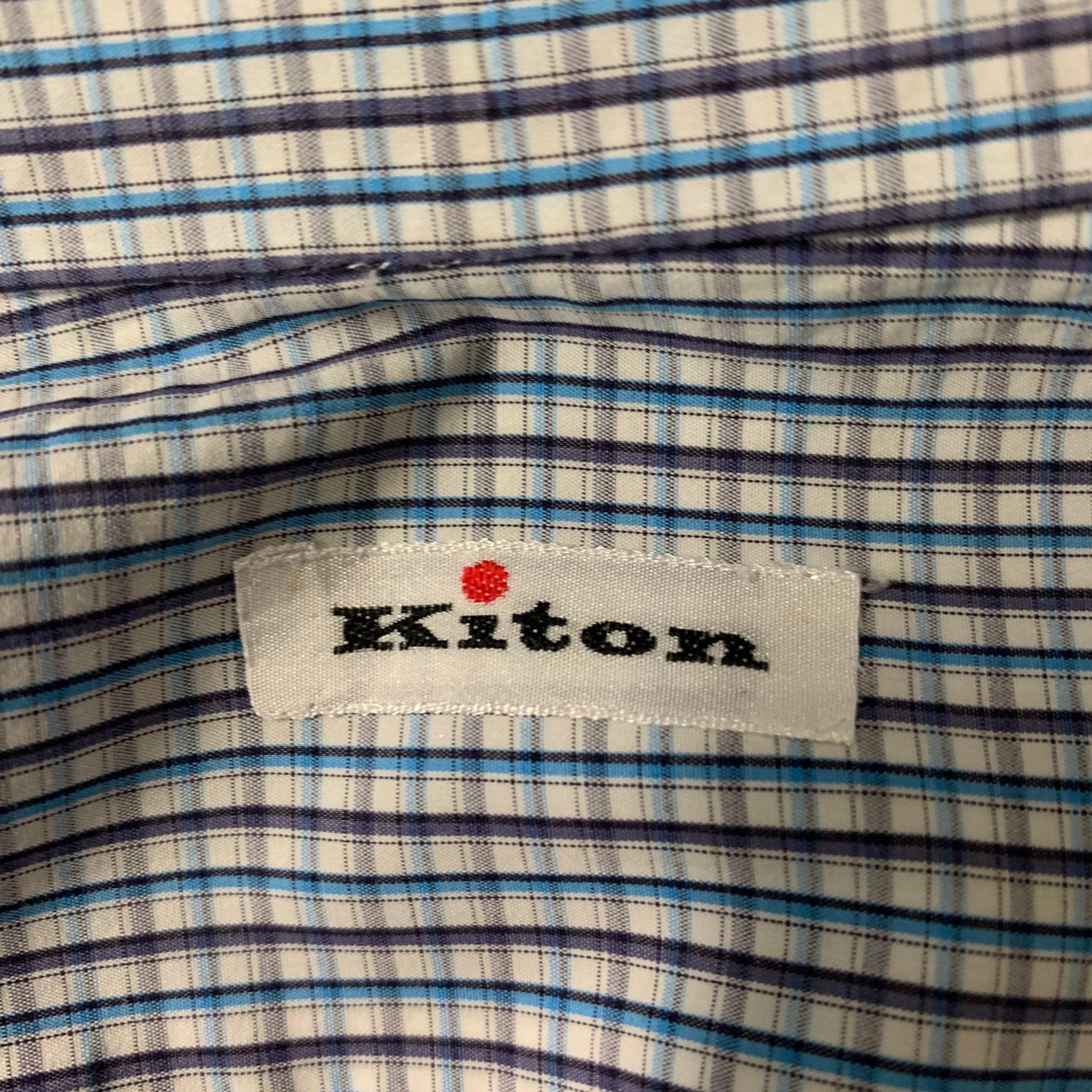 Men's KITON Size XL White, Blue & Grey Checkered Cotton Button Down Long Sleeve Shirt For Sale
