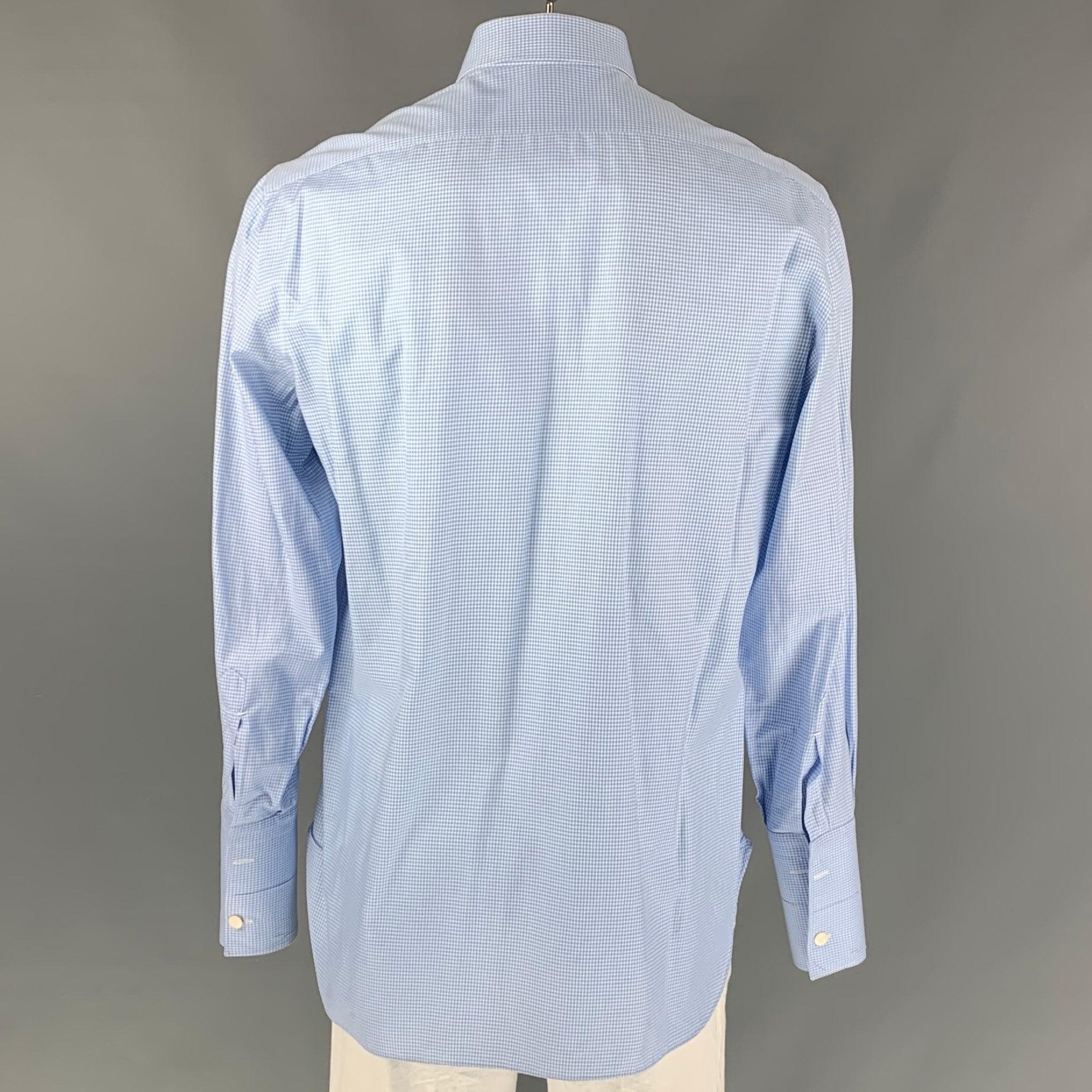 KITON - Chemise à manches longues en coton vichy blanc et bleu clair avec boutons, taille XL Excellent état - En vente à San Francisco, CA