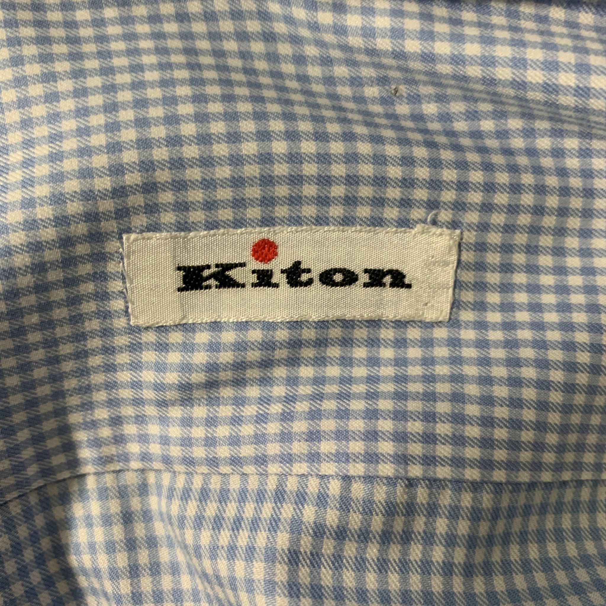 Men's KITON Size XL White & Light Blue Gingham Cotton Button Down Long Sleeve Shirt For Sale