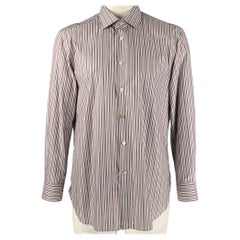 KITON Size XL White & Navy Orange Stripe Cotton Button Down Long Sleeve Shirt