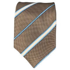 KITON Taupe White Light Blue Diagonal Stripe Silk Tie