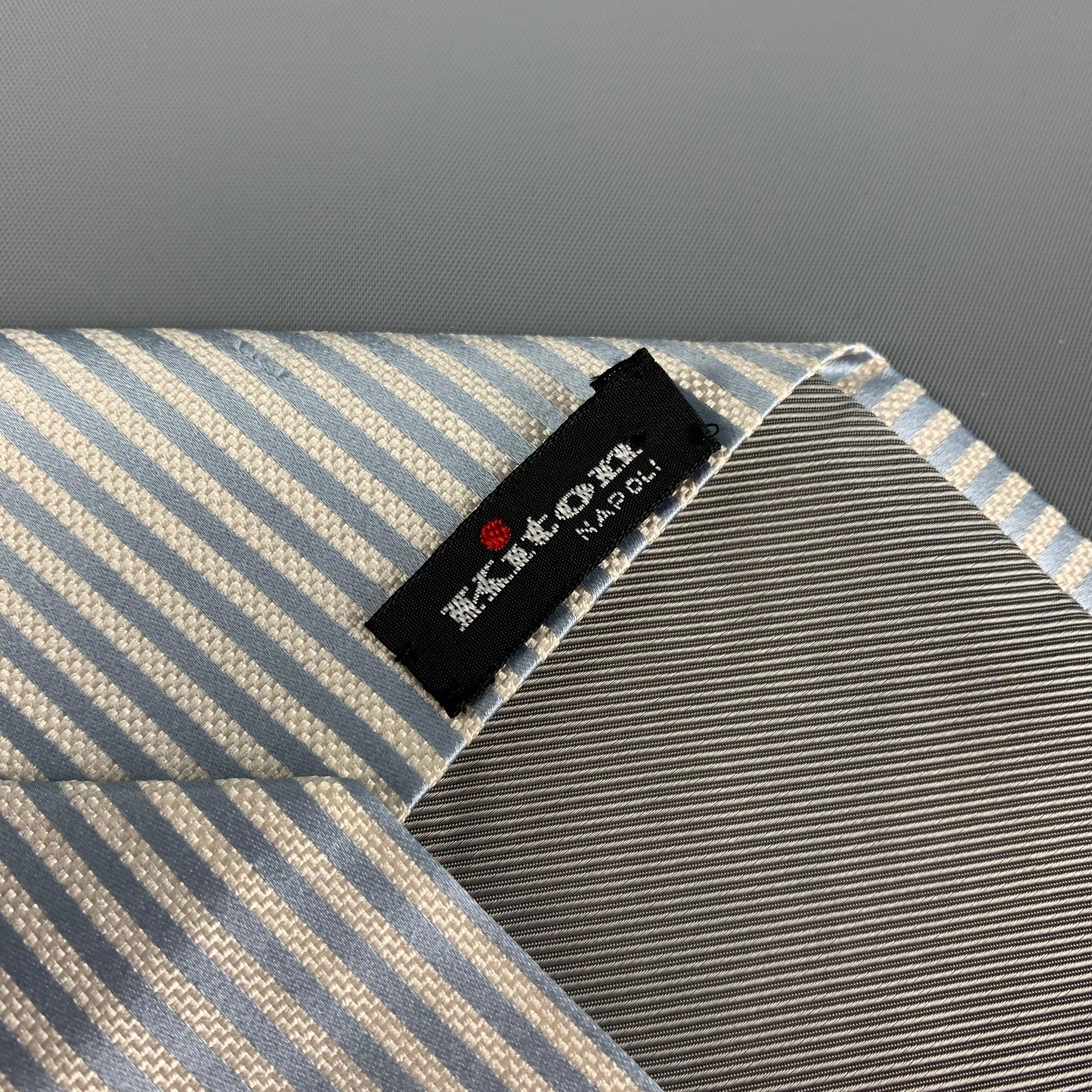 KITON White Light Blue Diagonal Stripe Silk Tie In Good Condition In San Francisco, CA