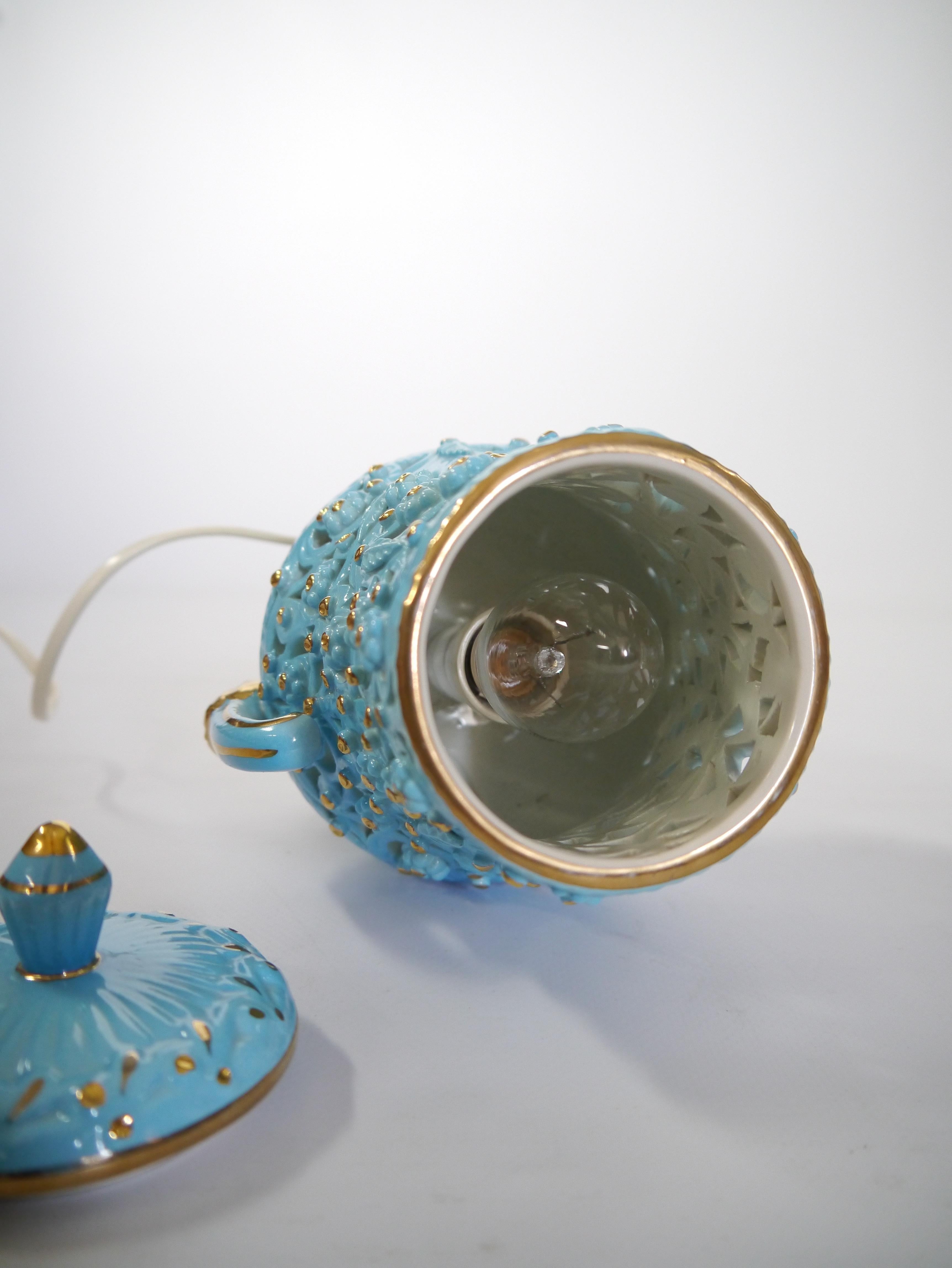Kitsch Azure Blue / Gold Ceramic Lamp, Italy, 1960s For Sale at 