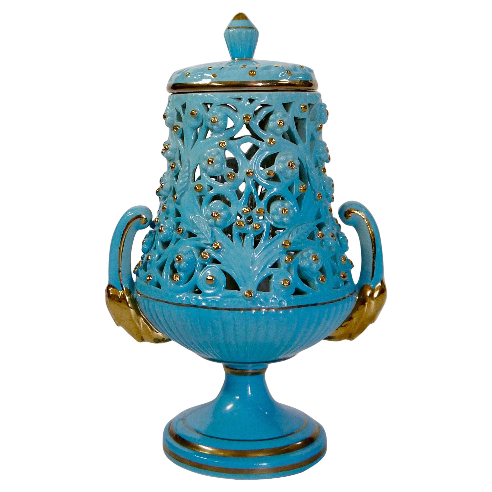 Lampe Kitsch en céramique bleu azur/or, Italie, années 1960