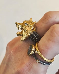 Kitsch Wolf Cocktail Ring with Diamond Eyes, 24K Gold & Silver