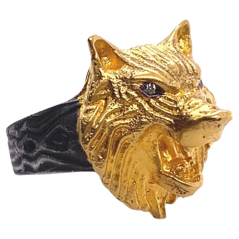 Artisan Kitsch Wolf Cocktail Ring with Diamond Eyes, 24K Gold & Silver For Sale